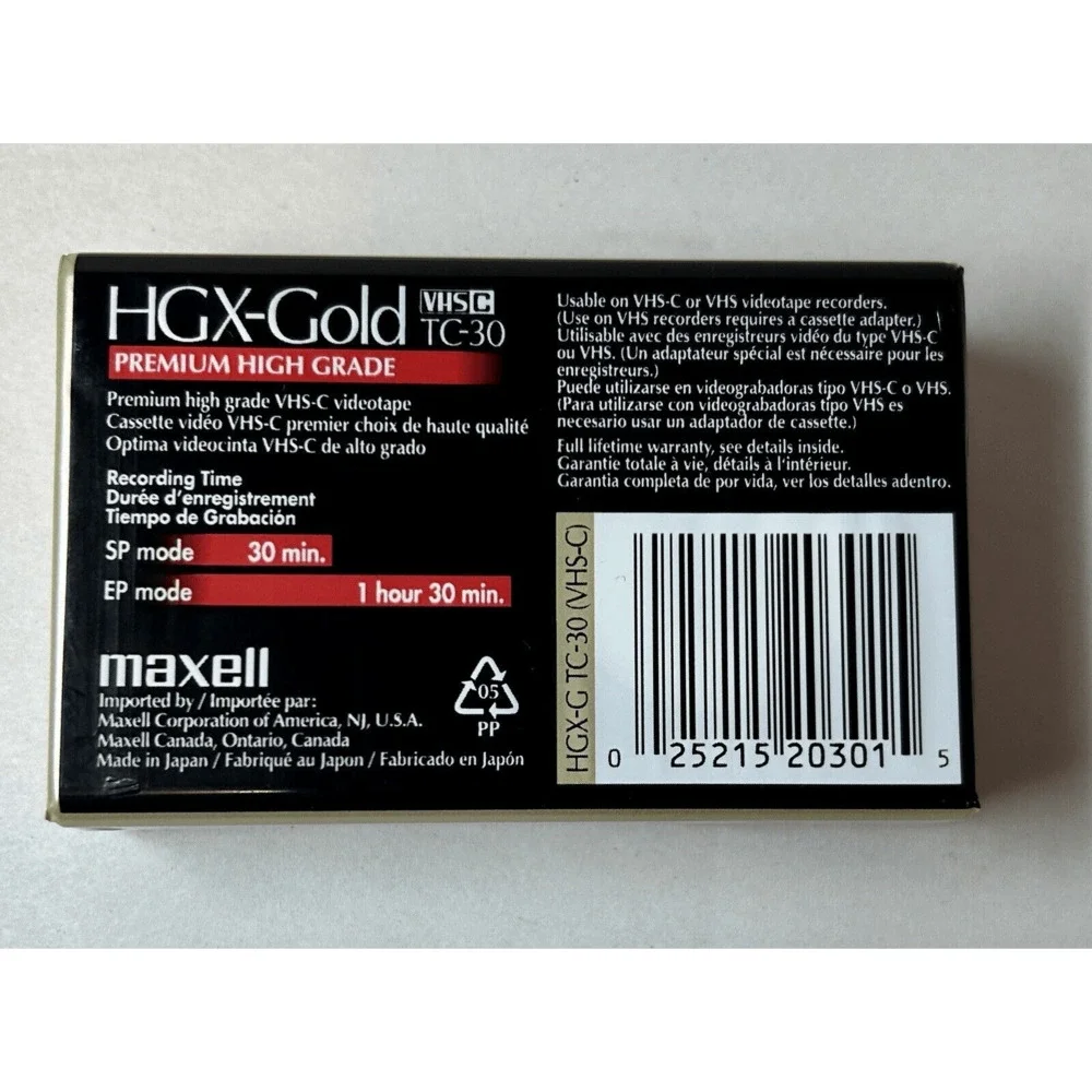Maxell VHS-C TC-30 HGX-Gold Camcorder Blank Tape Premium High Grade New Sealed